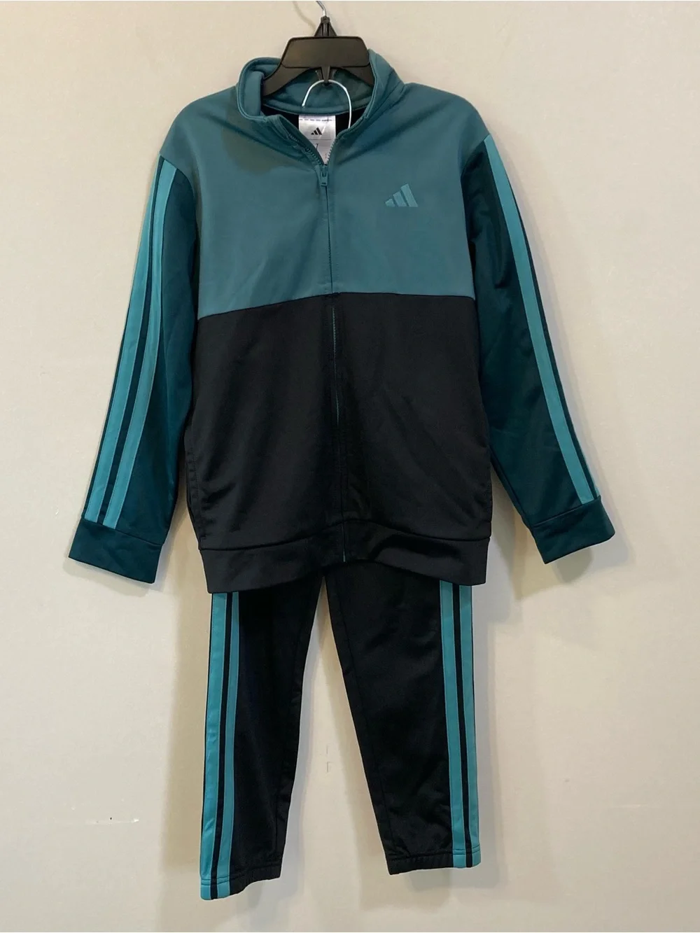 Adidas 2pc. Boys Tricot Tracksuit Sz 7 Black Green Full Zip Jacket Jogger Pants